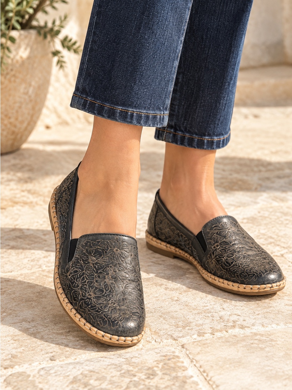 Spring Step Black Floral-Embossed Slip-On Loafers